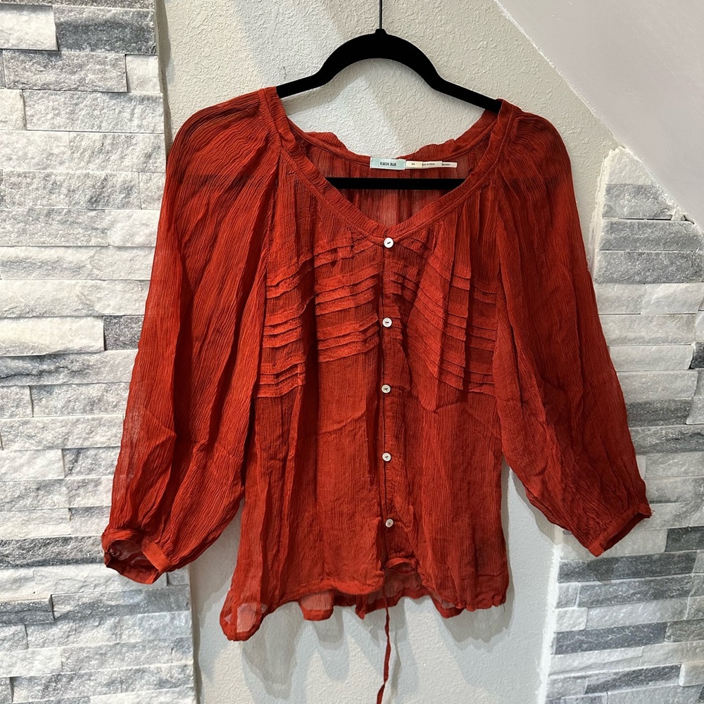 Kimchi Blue Puff Sleeve Blouse with Ruffled Tie Front Size XS Color Orange